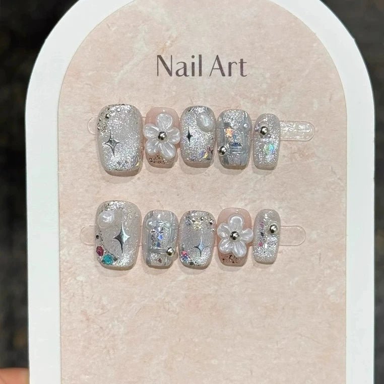 10Pcs Short Square Handmade Press On Nails Full Cover Flower Cat Eye Small Fresh Ballet False Nails Wearable Manicure Nail Tips - Hands of Hope