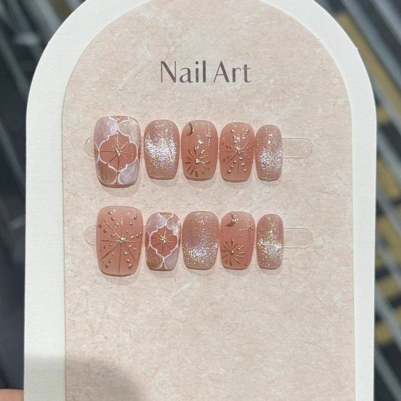 10Pcs Short Square Handmade Press On Nails Full Cover Flower Cat Eye Small Fresh Ballet False Nails Wearable Manicure Nail Tips - Hands of Hope