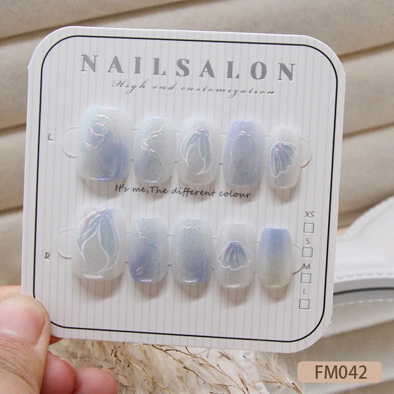 10pcs Short T Blue Mermaid Cat's Eye Handmade Press on Nail False Nails Square Head Girl Lady Wearable Detachable Nail Tips - Hands of Hope