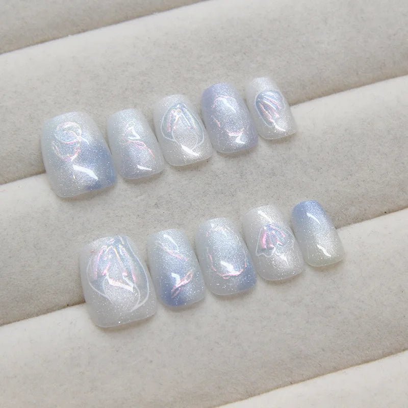 10pcs Short T Blue Mermaid Cat's Eye Handmade Press on Nail False Nails Square Head Girl Lady Wearable Detachable Nail Tips - Hands of Hope