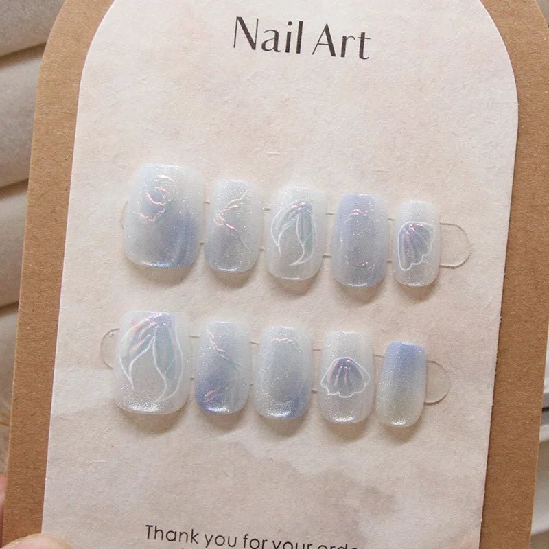 10pcs Short T Blue Mermaid Cat's Eye Handmade Press on Nail False Nails Square Head Girl Lady Wearable Detachable Nail Tips - Hands of Hope