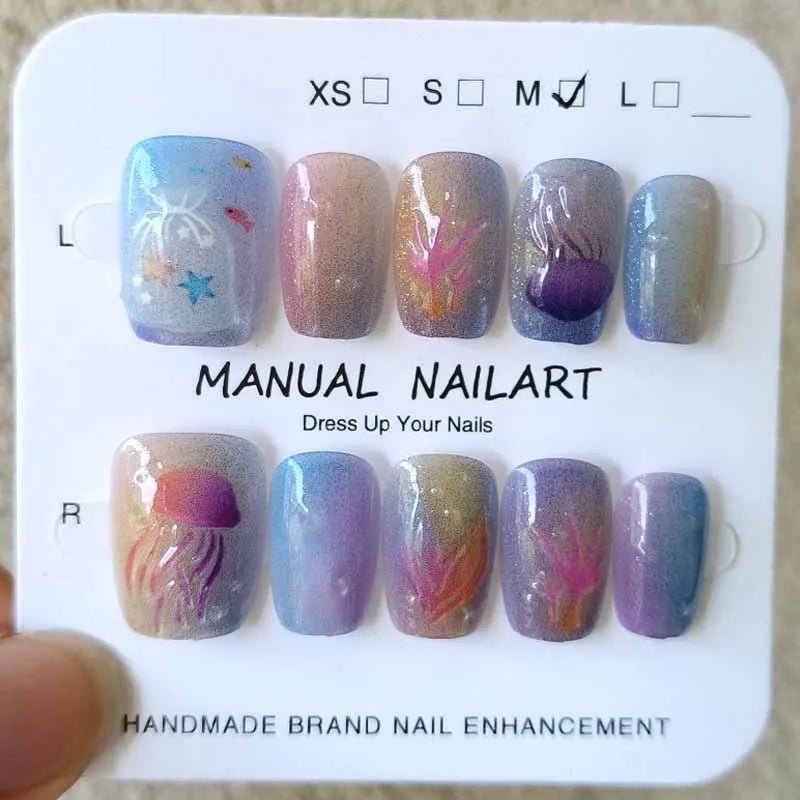 10pcs Short T Blue Mermaid Cat's Eye Handmade Press on Nail False Nails Square Head Girl Lady Wearable Detachable Nail Tips - Hands of Hope