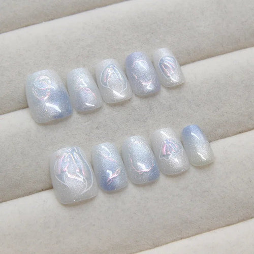 10pcs Short T Blue Mermaid Cat's Eye Handmade Press on Nail False Nails Square Head Girl Lady Wearable Detachable Nail Tips - Hands of Hope