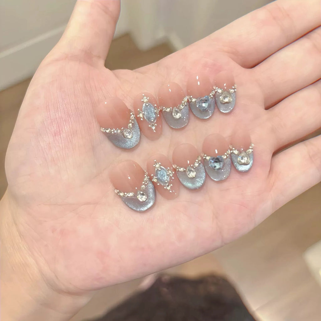 10Pcs White French Pink Heart Diamond Manicure Art Gentle Sweet Short Oval Artificial Wearing Nails Patch Full Cover Press Ons - Hands of Hope