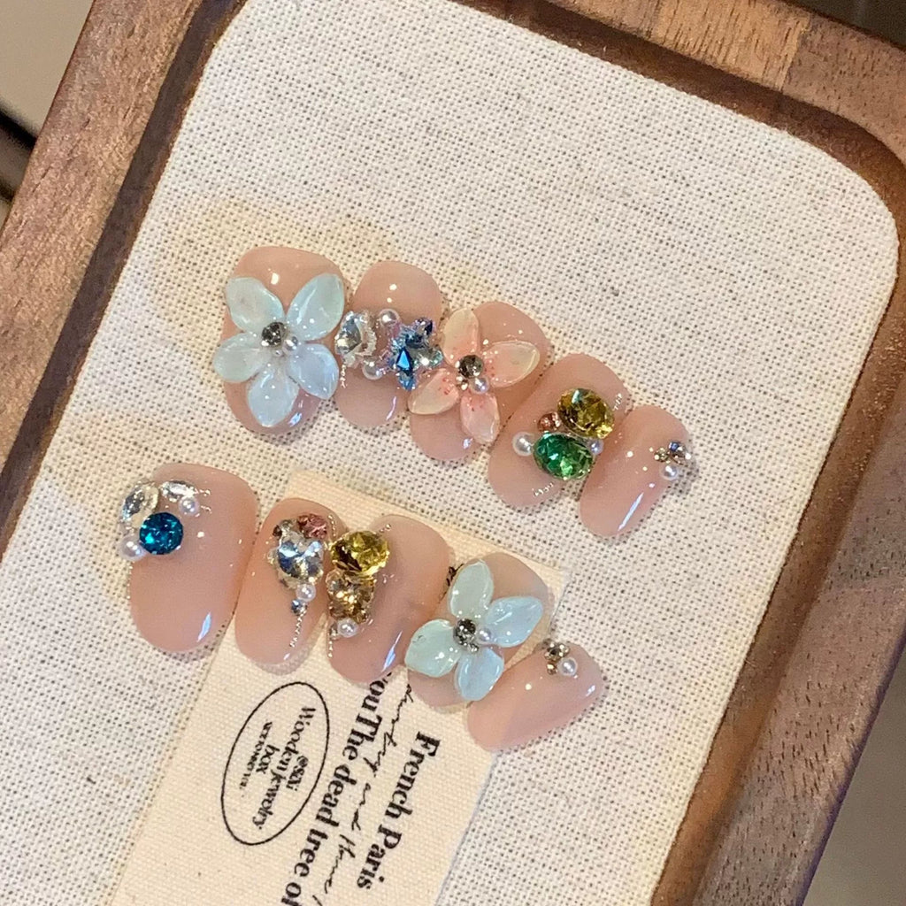 10Pcs White French Pink Heart Diamond Manicure Art Gentle Sweet Short Oval Artificial Wearing Nails Patch Full Cover Press Ons - Hands of Hope