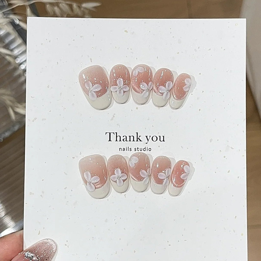 10Pcs White French Pink Heart Diamond Manicure Art Gentle Sweet Short Oval Artificial Wearing Nails Patch Full Cover Press Ons - Hands of Hope