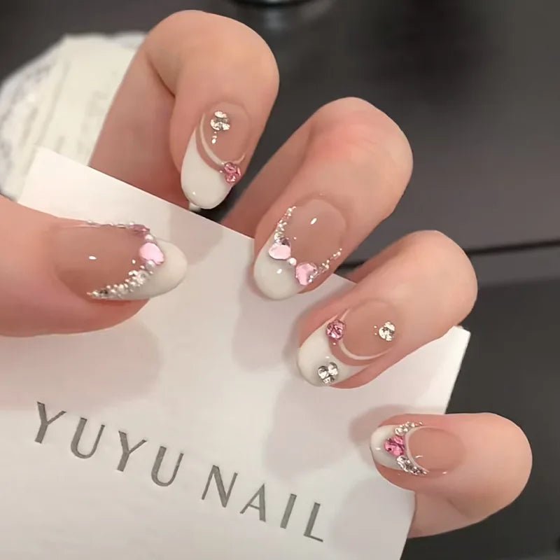 10Pcs White French Pink Heart Diamond Manicure Art Gentle Sweet Short Oval Artificial Wearing Nails Patch Full Cover Press Ons - Hands of Hope