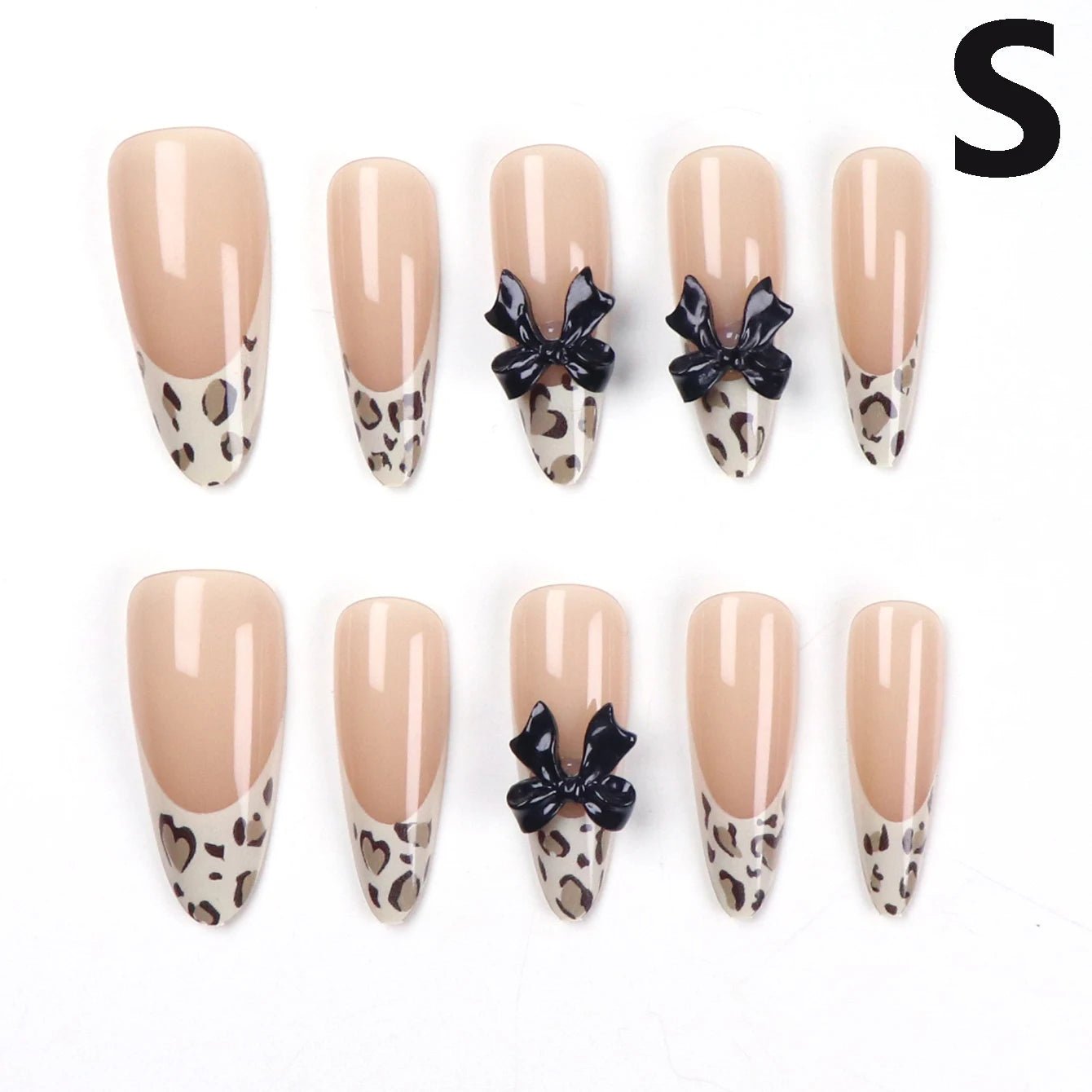 10pcs - XS/S/M French Almond Press on Nails Leopard Print False Nails 3D Bow Wearable Stick - on Nails Fake Nail - Hands of Hope