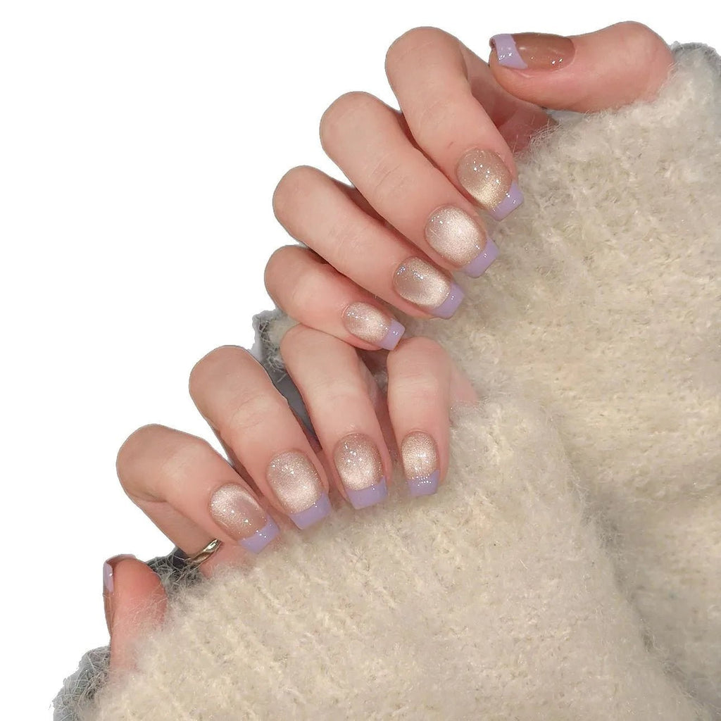 10pcs/set Handmade Dreamy Blue Press - On Nails Short Ballet Shape Gradient & Ombre Design Glossy Finish Removable False Nail Tips - Hands of Hope