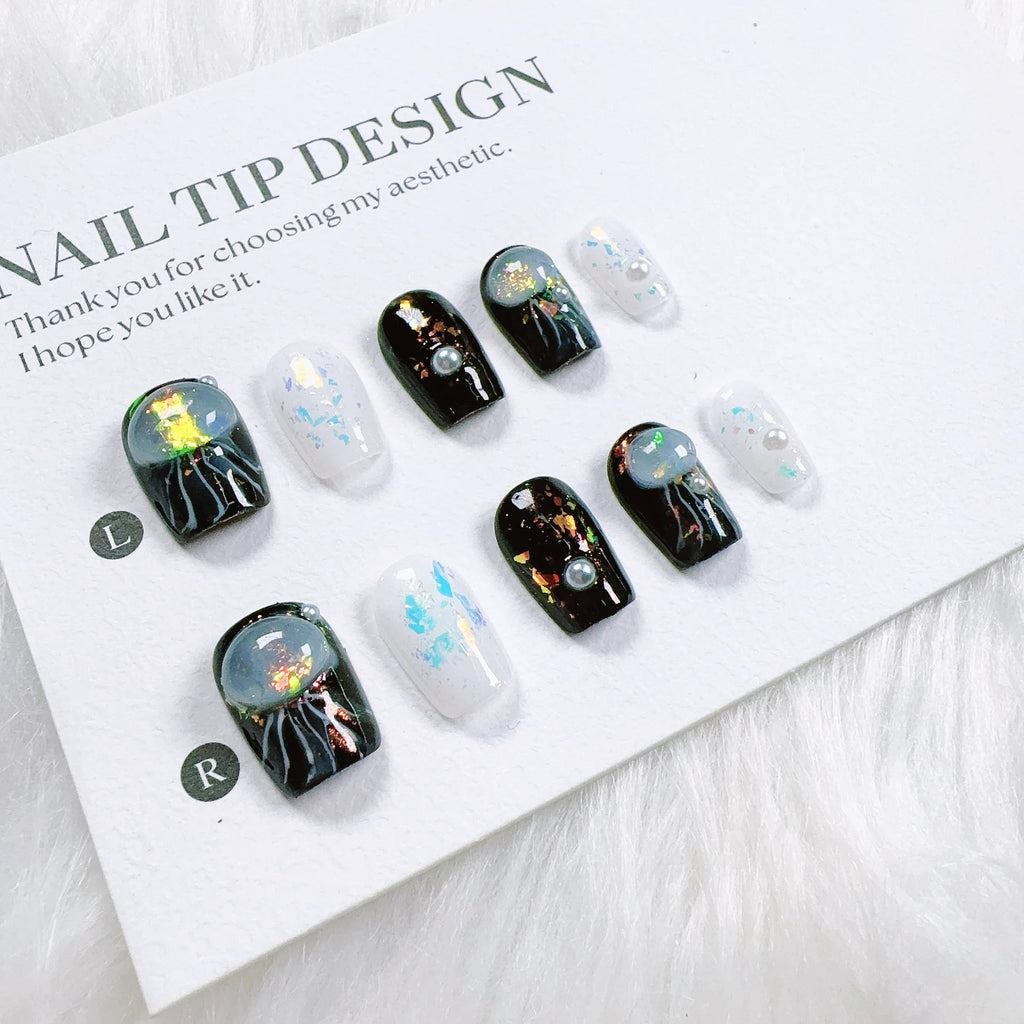 10pcs/set Handmade Dreamy Blue Press - On Nails Short Ballet Shape Gradient & Ombre Design Glossy Finish Removable False Nail Tips - Hands of Hope