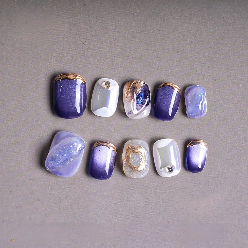 10pcs/set Handmade Dreamy Blue Press - On Nails Short Ballet Shape Gradient & Ombre Design Glossy Finish Removable False Nail Tips - Hands of Hope