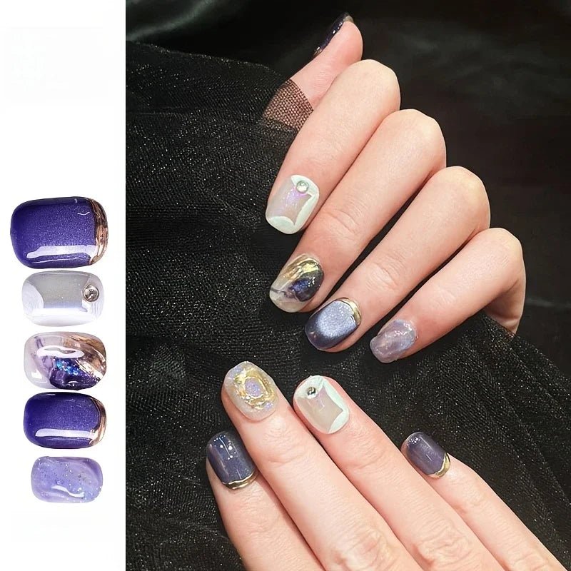 10pcs/set Handmade Dreamy Blue Press - On Nails Short Ballet Shape Gradient & Ombre Design Glossy Finish Removable False Nail Tips - Hands of Hope