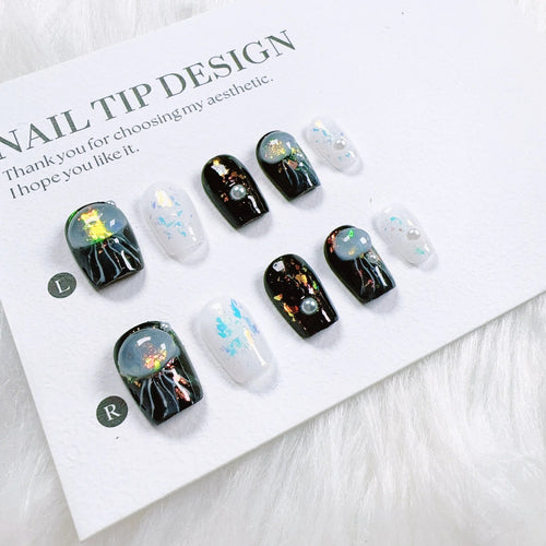 10pcs/set Handmade Dreamy Blue Press - On Nails Short Ballet Shape Gradient & Ombre Design Glossy Finish Removable False Nail Tips - Hands of Hope