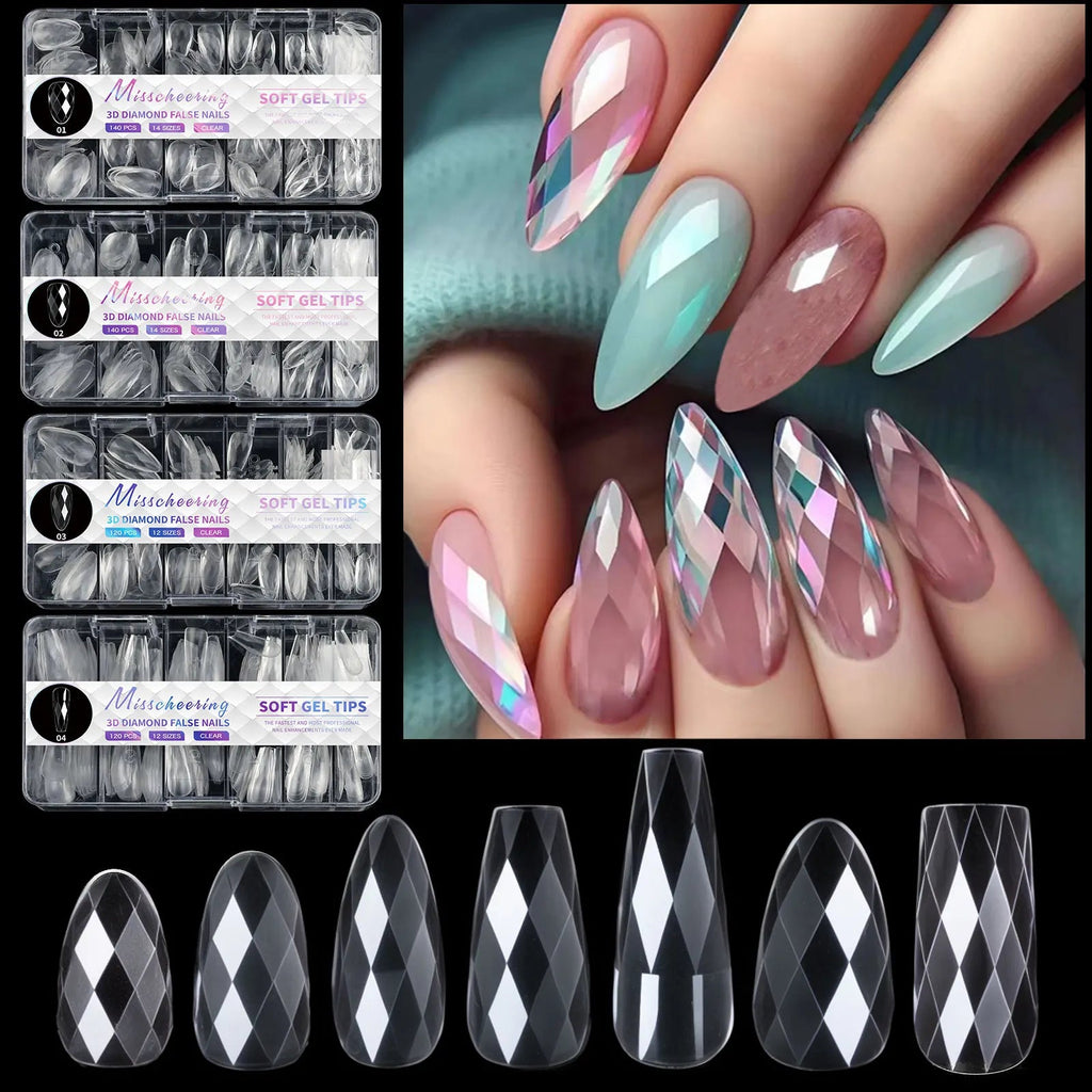 120/140Pcs 3D Diamond Almond Ballet Coffin False Nails Clear Press On Nails For Acrylic Gel Reusable Fake Tips DIY Nail Supplies - Hands of Hope