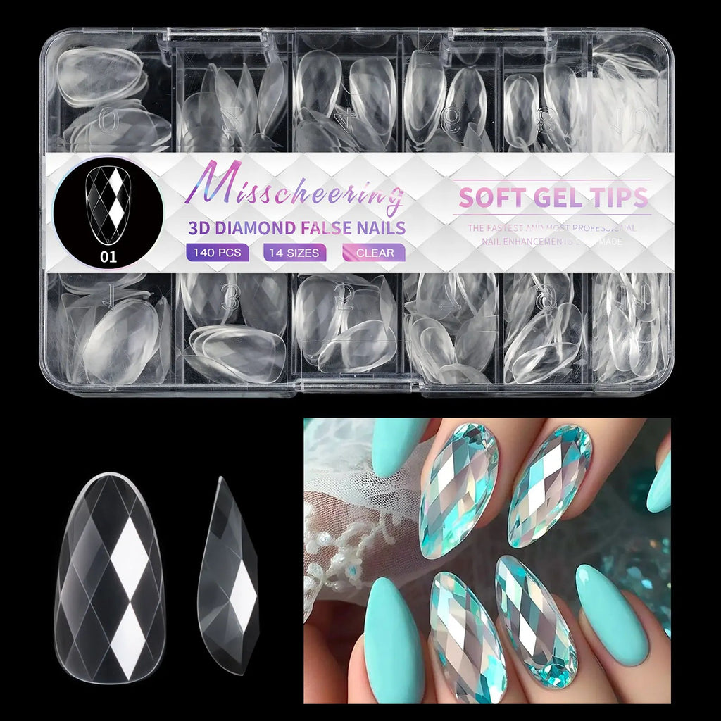 120/140Pcs 3D Diamond Almond Ballet Coffin False Nails Clear Press On Nails For Acrylic Gel Reusable Fake Tips DIY Nail Supplies - Hands of Hope