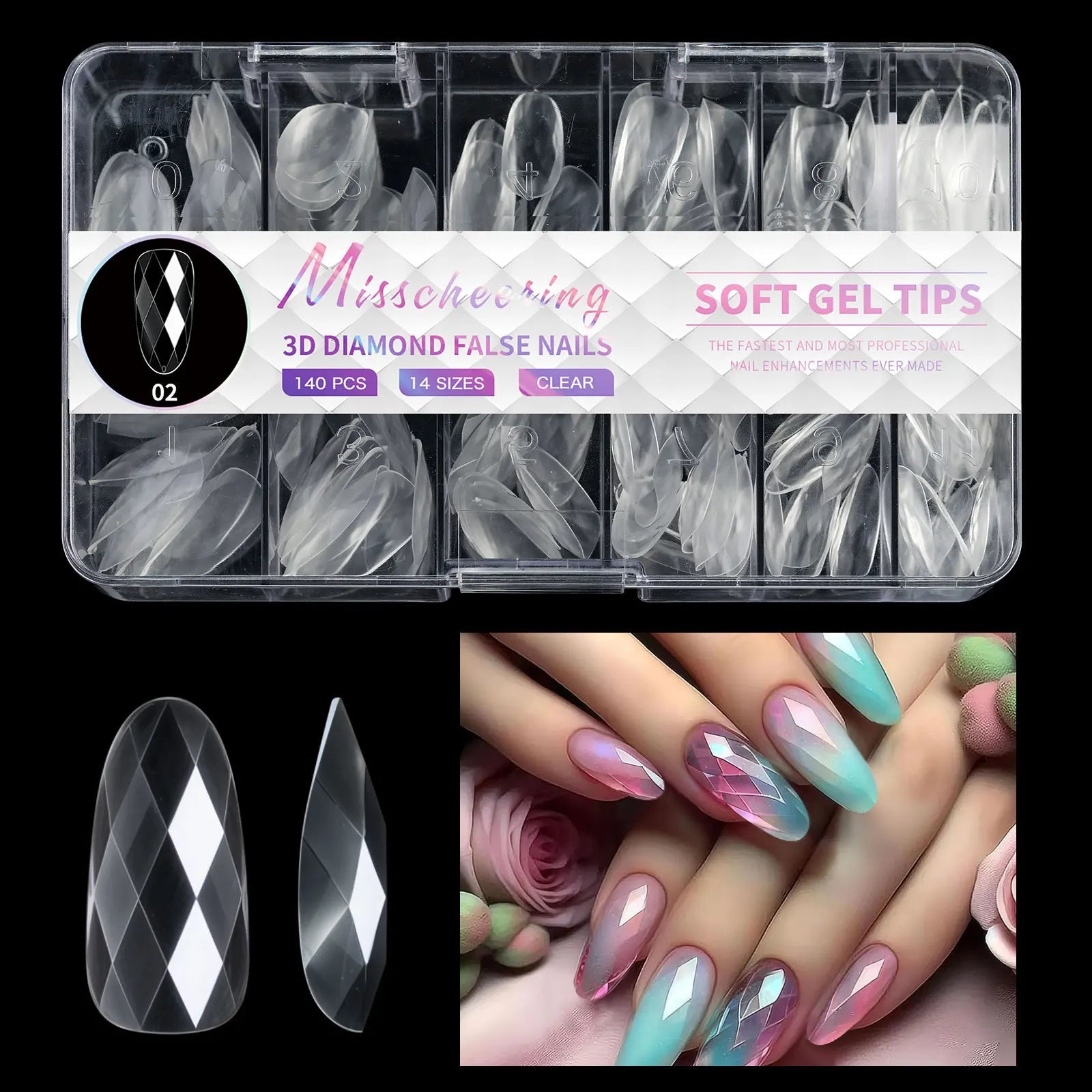 120/140Pcs 3D Diamond Almond Ballet Coffin False Nails Clear Press On Nails For Acrylic Gel Reusable Fake Tips DIY Nail Supplies - Hands of Hope