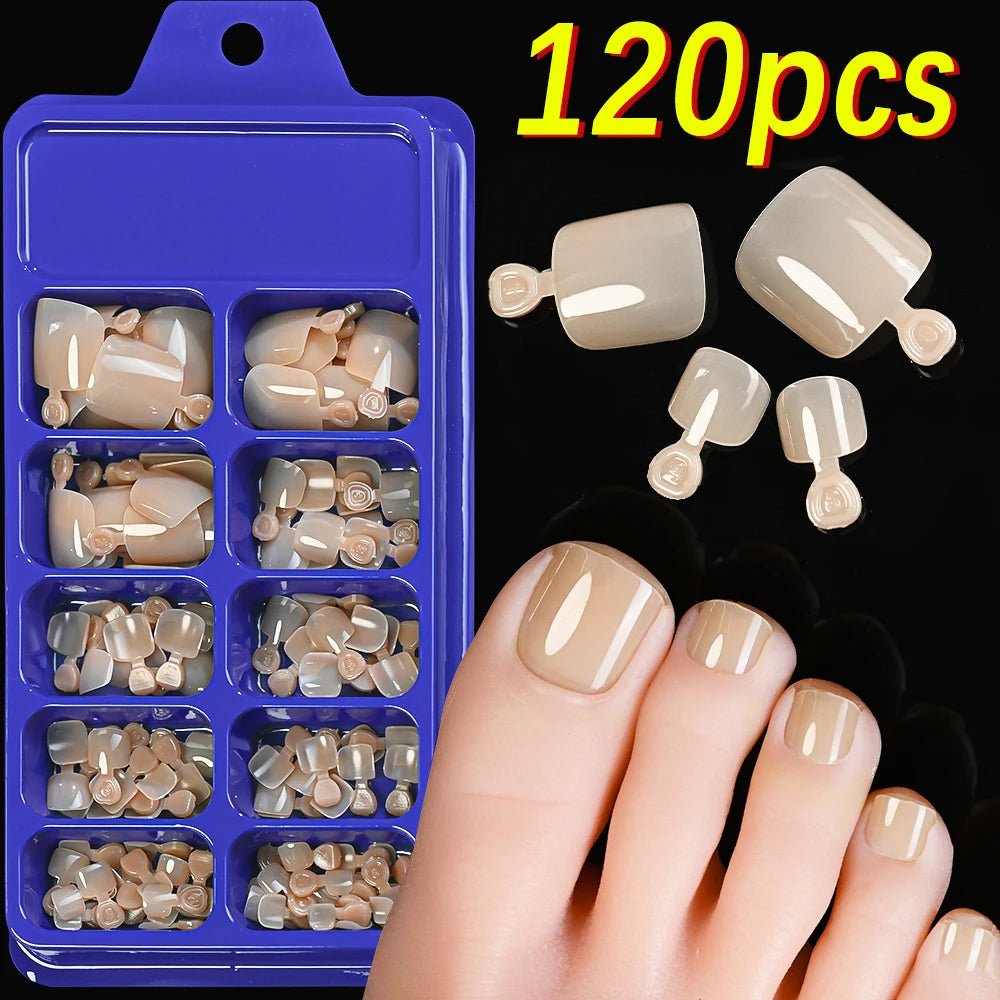 120Pcs 9 - Colors French Fake Toenails Summer Short Sqaure Press On Toe Nails Tips Glossy Nude/Pink/Brown Full Cover False Toenail - Hands of Hope