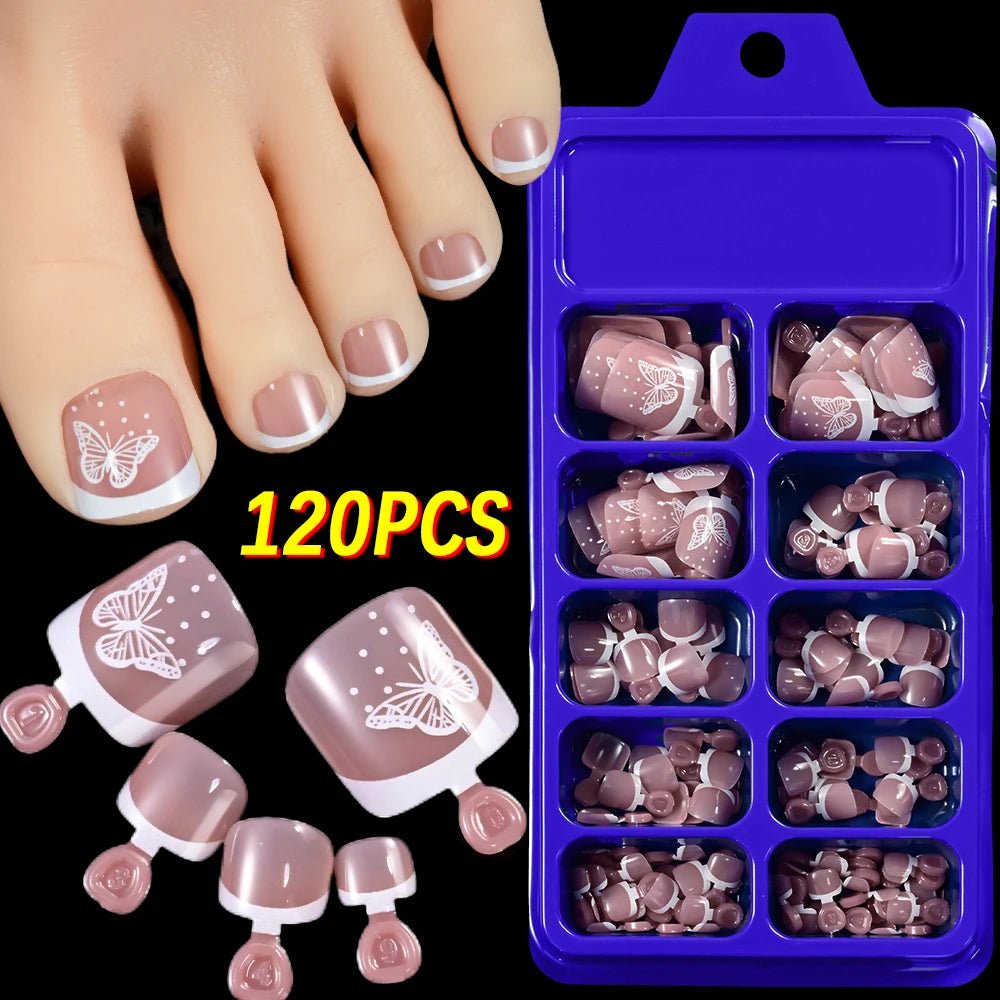 120Pcs 9 - Colors French Fake Toenails Summer Short Sqaure Press On Toe Nails Tips Glossy Nude/Pink/Brown Full Cover False Toenail - Hands of Hope
