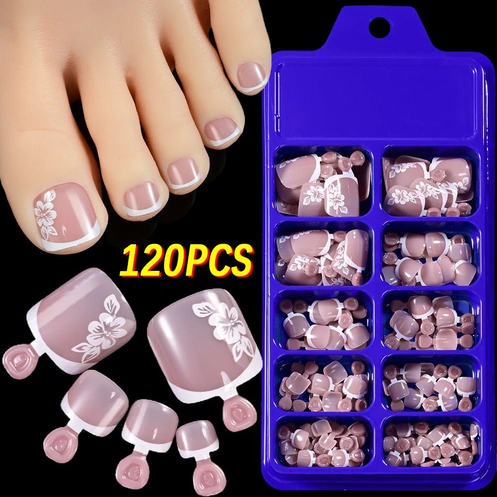 120Pcs 9 - Colors French Fake Toenails Summer Short Sqaure Press On Toe Nails Tips Glossy Nude/Pink/Brown Full Cover False Toenail - Hands of Hope