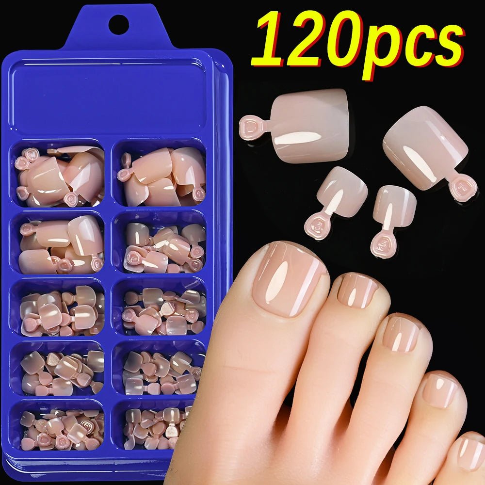 120Pcs 9 - Colors French Fake Toenails Summer Short Sqaure Press On Toe Nails Tips Glossy Nude/Pink/Brown Full Cover False Toenail - Hands of Hope