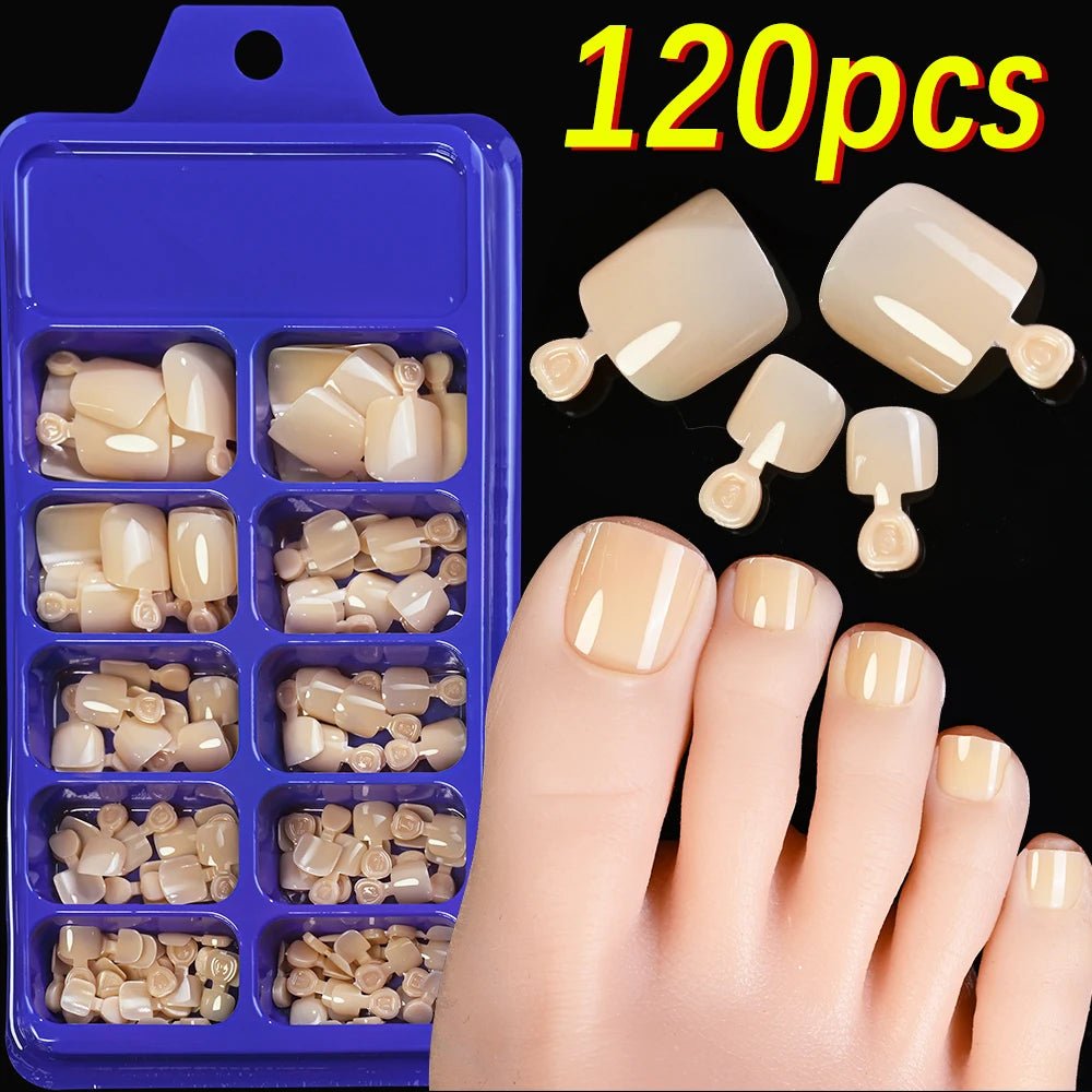120Pcs 9 - Colors French Fake Toenails Summer Short Sqaure Press On Toe Nails Tips Glossy Nude/Pink/Brown Full Cover False Toenail - Hands of Hope