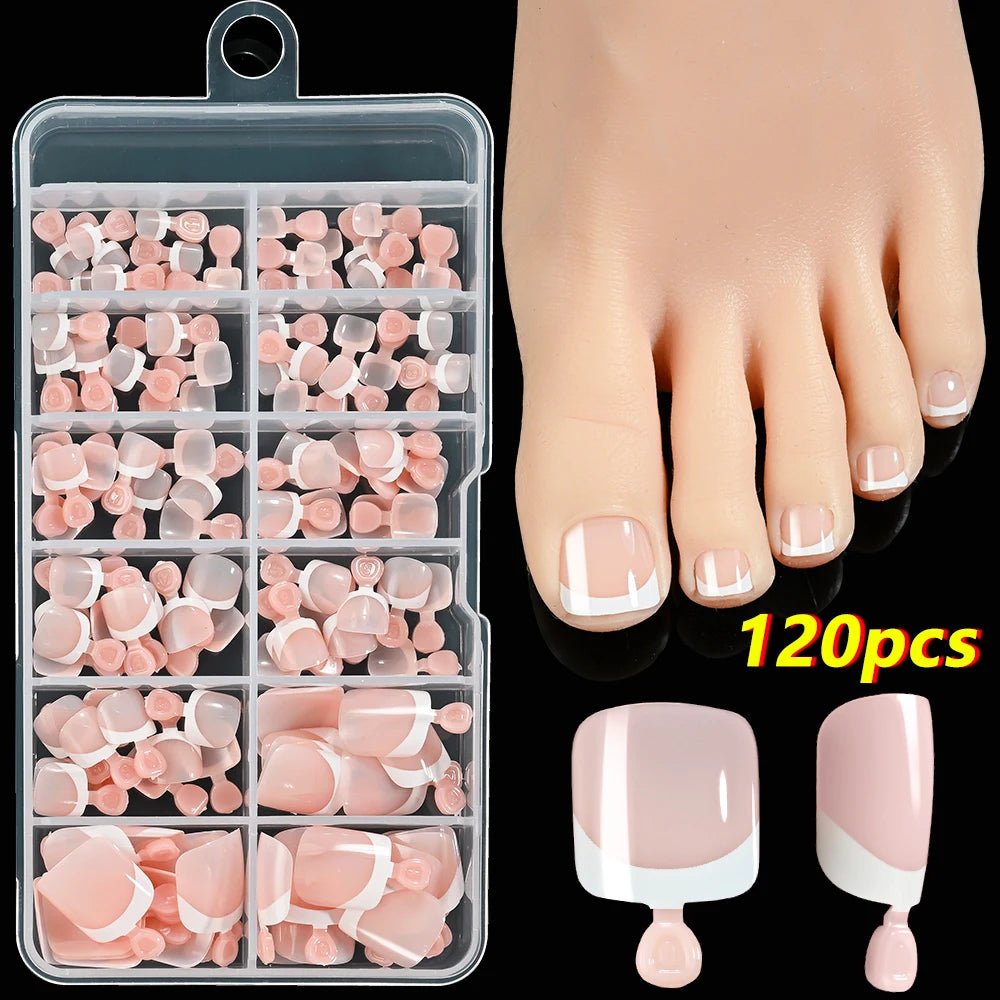 120Pcs 9 - Colors French Fake Toenails Summer Short Sqaure Press On Toe Nails Tips Glossy Nude/Pink/Brown Full Cover False Toenail - Hands of Hope