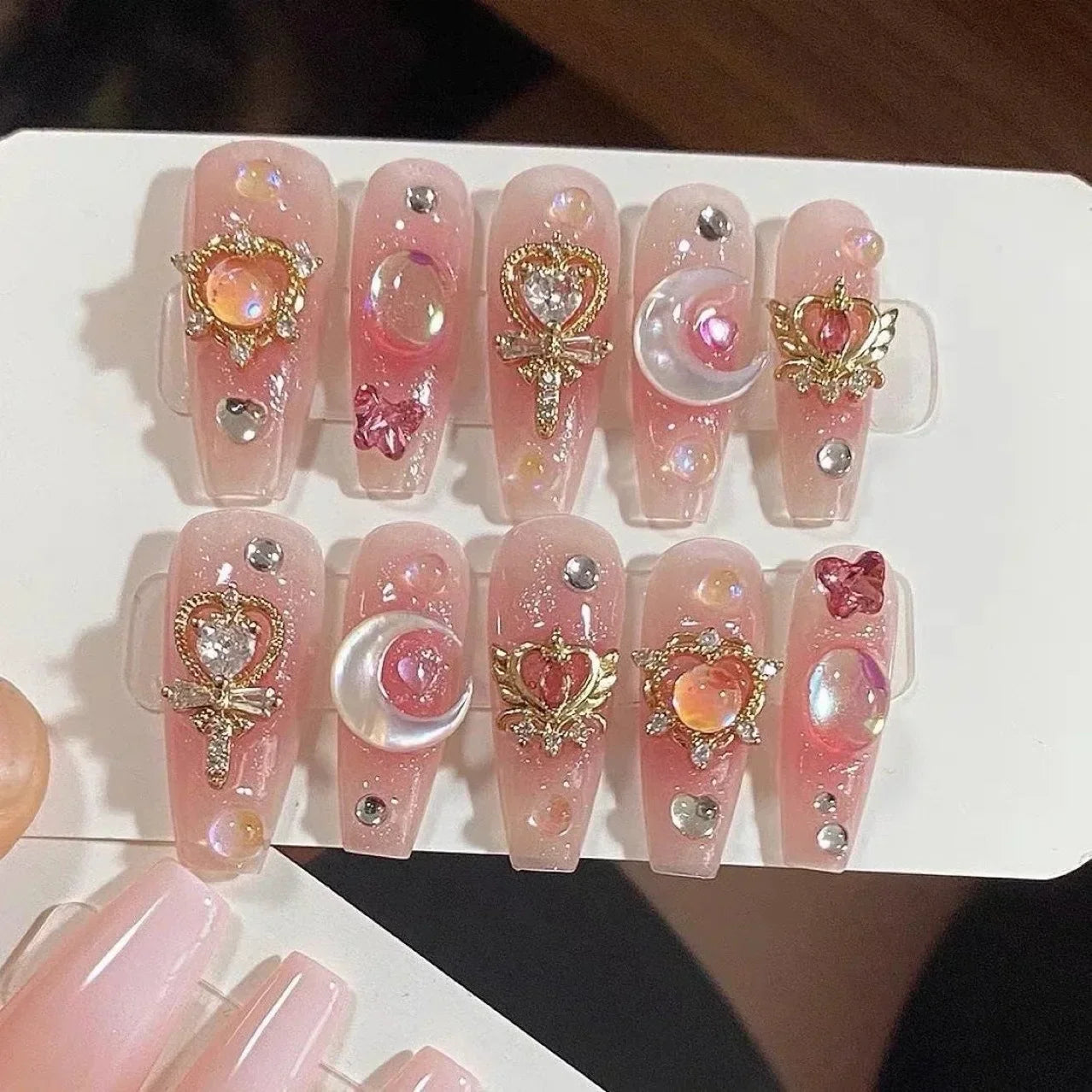 10Pcs Handmade Nails Long Ballet Pink with 3D Moon Nail Set