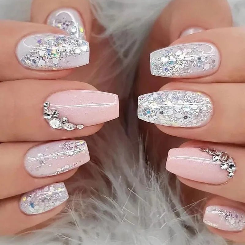 24 Pcs Glossy Short Coffin Press On Nails Pink And White French Style False Nails With Rhinestone Reusable Fake Nails - Hands of Hope
