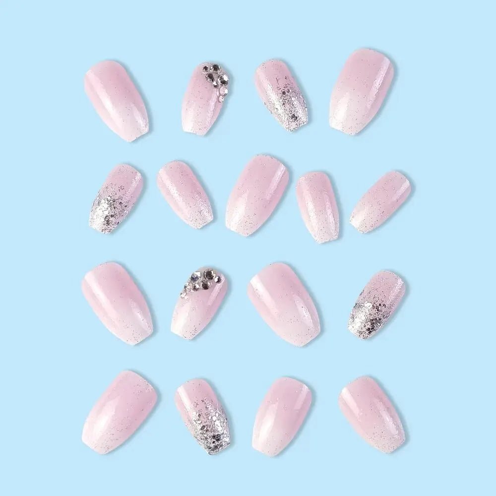 24 Pcs Glossy Short Coffin Press On Nails Pink And White French Style False Nails With Rhinestone Reusable Fake Nails - Hands of Hope