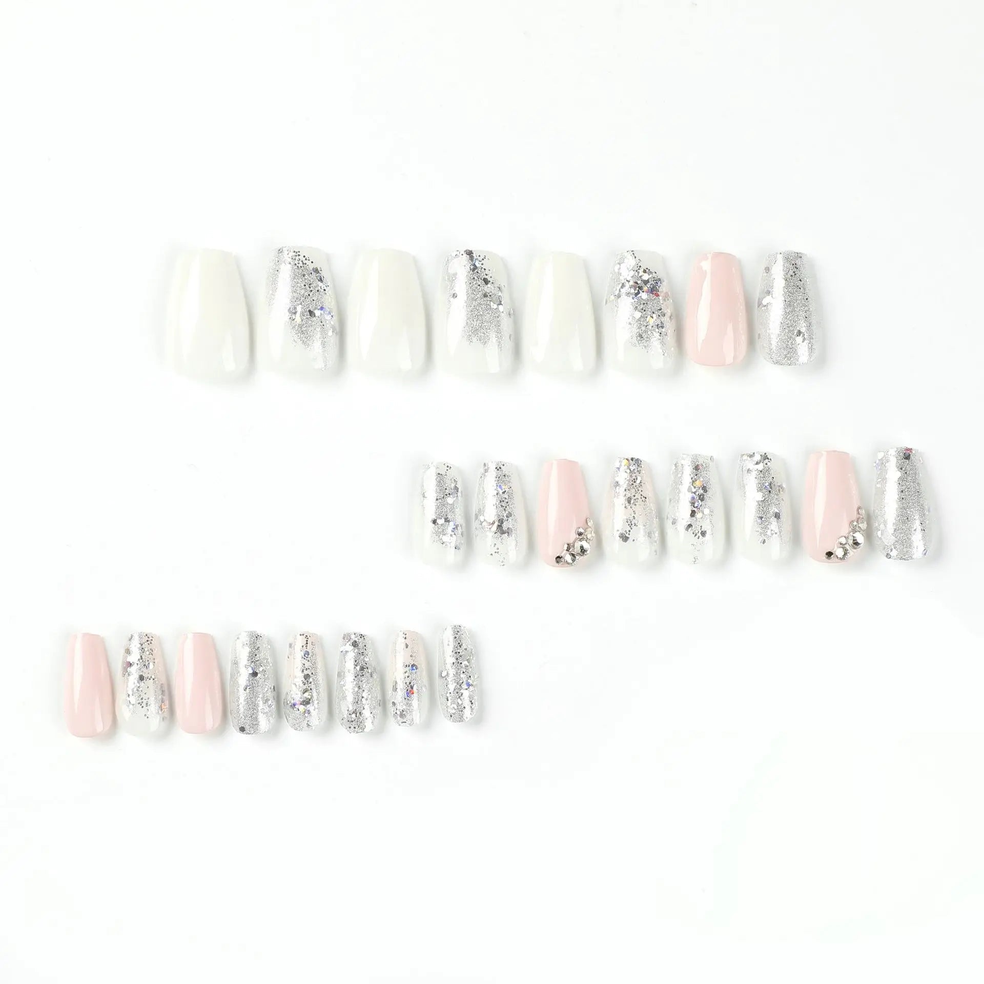 24 Pcs Glossy Short Coffin Press On Nails Pink And White French Style False Nails With Rhinestone Reusable Fake Nails - Hands of Hope