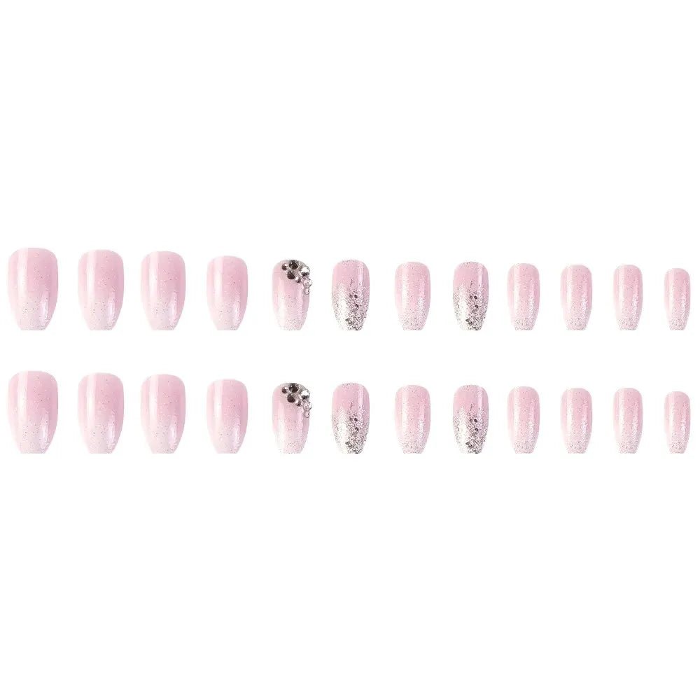 24 Pcs Glossy Short Coffin Press On Nails Pink And White French Style False Nails With Rhinestone Reusable Fake Nails - Hands of Hope