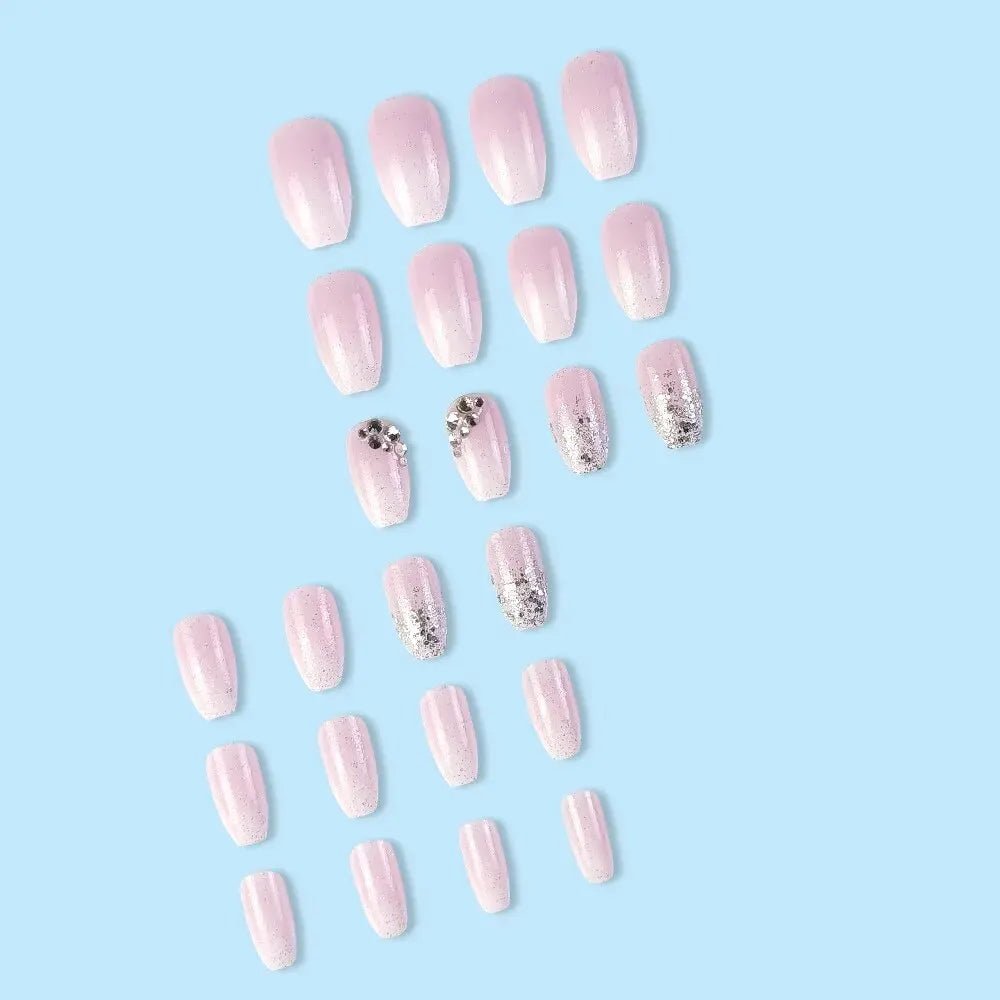 24 Pcs Glossy Short Coffin Press On Nails Pink And White French Style False Nails With Rhinestone Reusable Fake Nails - Hands of Hope