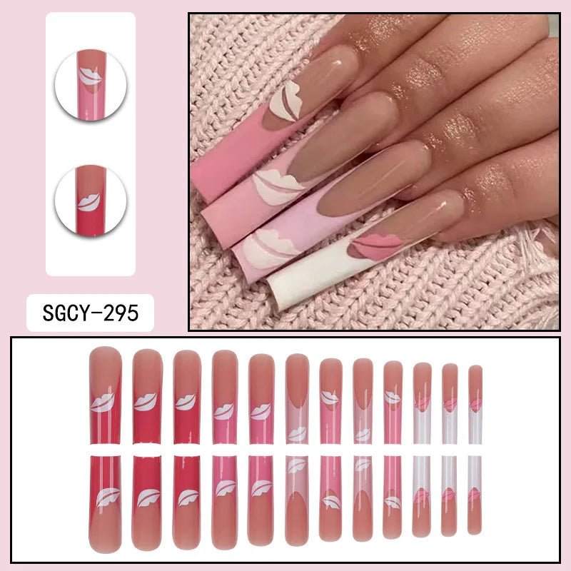 24 Pieces of Ultra Long Coffin Shaped press on nails French&gradient&flower Pattern 3D Butterfly Dot Diamond Glossy Fake Nails - Hands of Hope