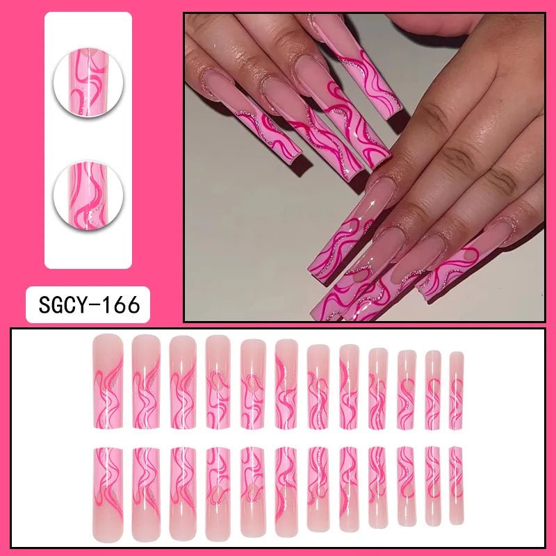 24 Pieces of Ultra Long Coffin Shaped press on nails French&gradient&flower Pattern 3D Butterfly Dot Diamond Glossy Fake Nails - Hands of Hope