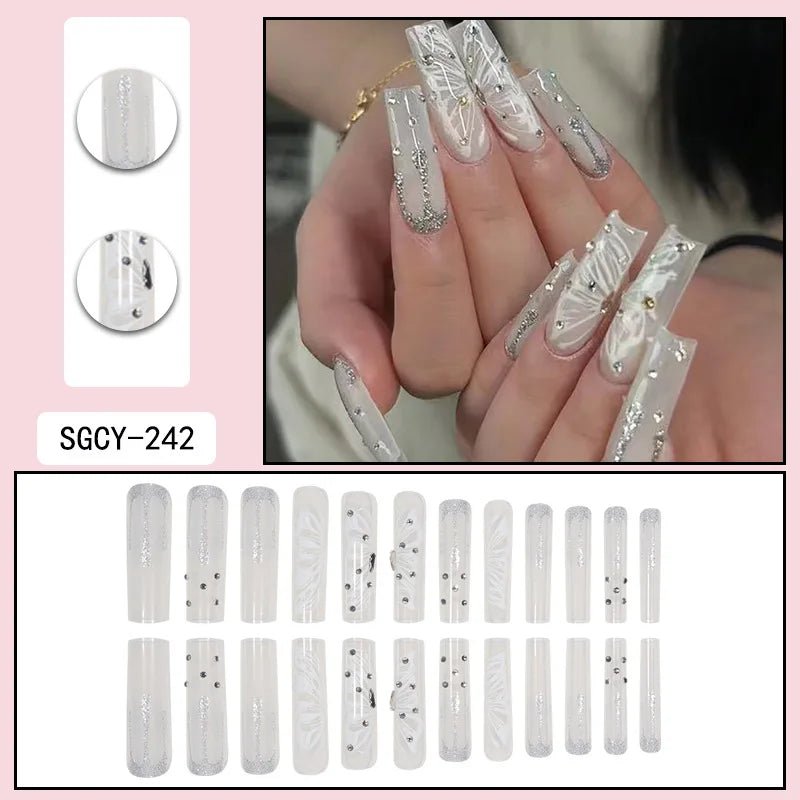 24 Pieces of Ultra Long Coffin Shaped press on nails French&gradient&flower Pattern 3D Butterfly Dot Diamond Glossy Fake Nails - Hands of Hope