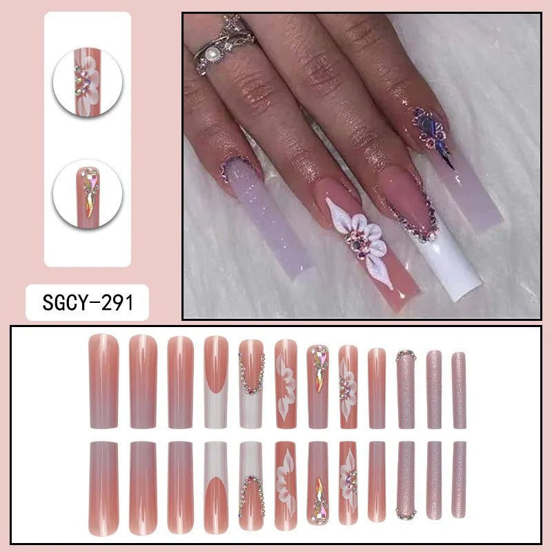24 Pieces of Ultra Long Coffin Shaped press on nails French&gradient&flower Pattern 3D Butterfly Dot Diamond Glossy Fake Nails - Hands of Hope