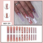 24 Pieces of Ultra Long Coffin Shaped press on nails French&gradient&flower Pattern 3D Butterfly Dot Diamond Glossy Fake Nails - Hands of Hope