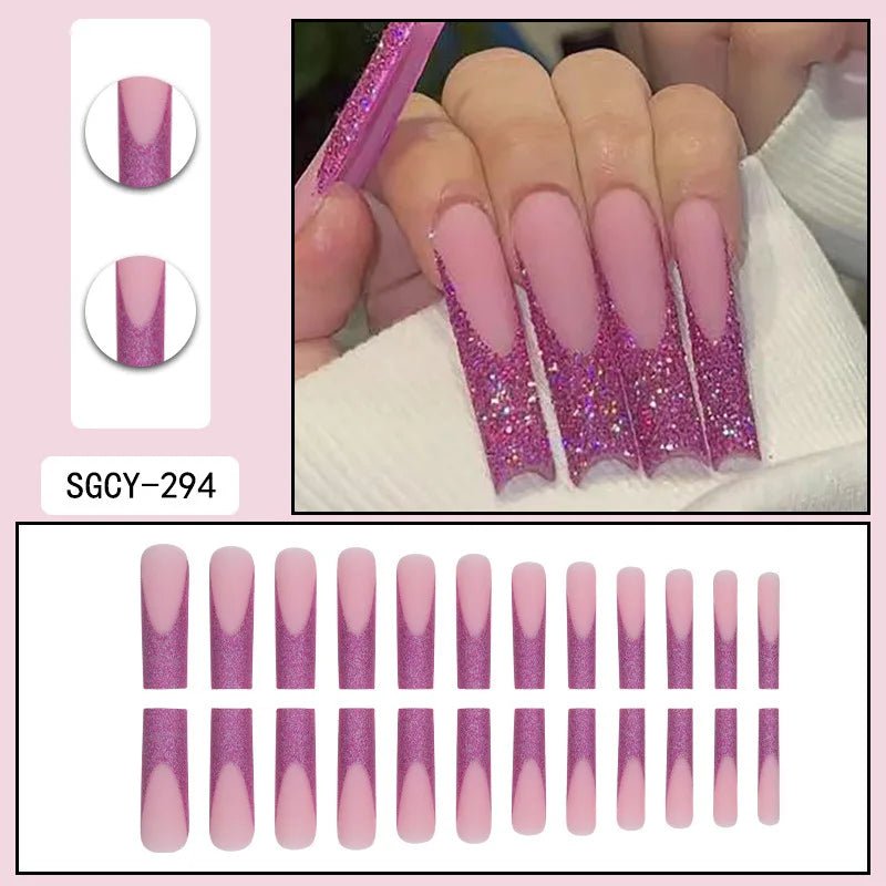 24 Pieces of Ultra Long Coffin Shaped press on nails French&gradient&flower Pattern 3D Butterfly Dot Diamond Glossy Fake Nails - Hands of Hope