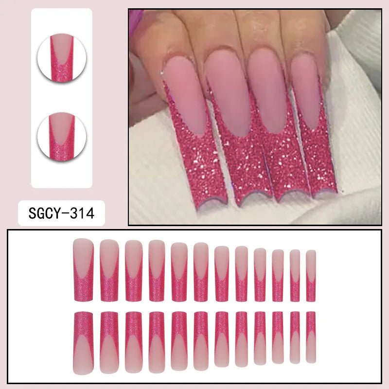 24 Pieces of Ultra Long Coffin Shaped press on nails French&gradient&flower Pattern 3D Butterfly Dot Diamond Glossy Fake Nails - Hands of Hope