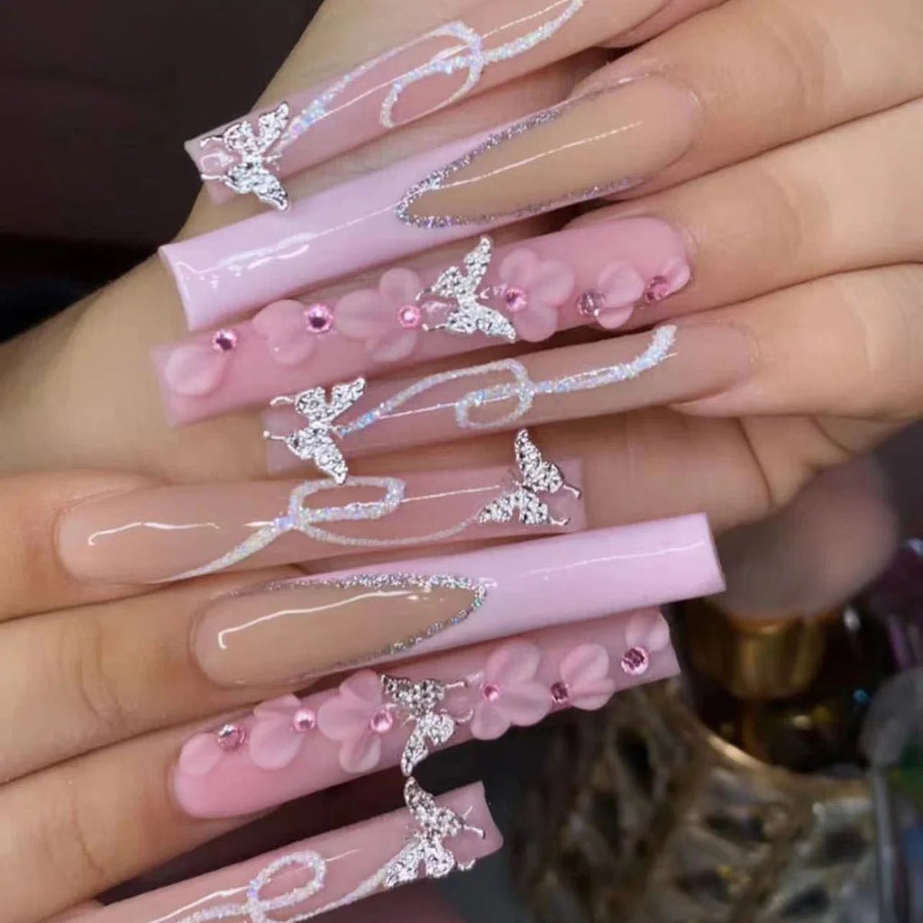 24 Pieces of Ultra Long Coffin Shaped press on nails French&gradient&flower Pattern 3D Butterfly Dot Diamond Glossy Fake Nails - Hands of Hope