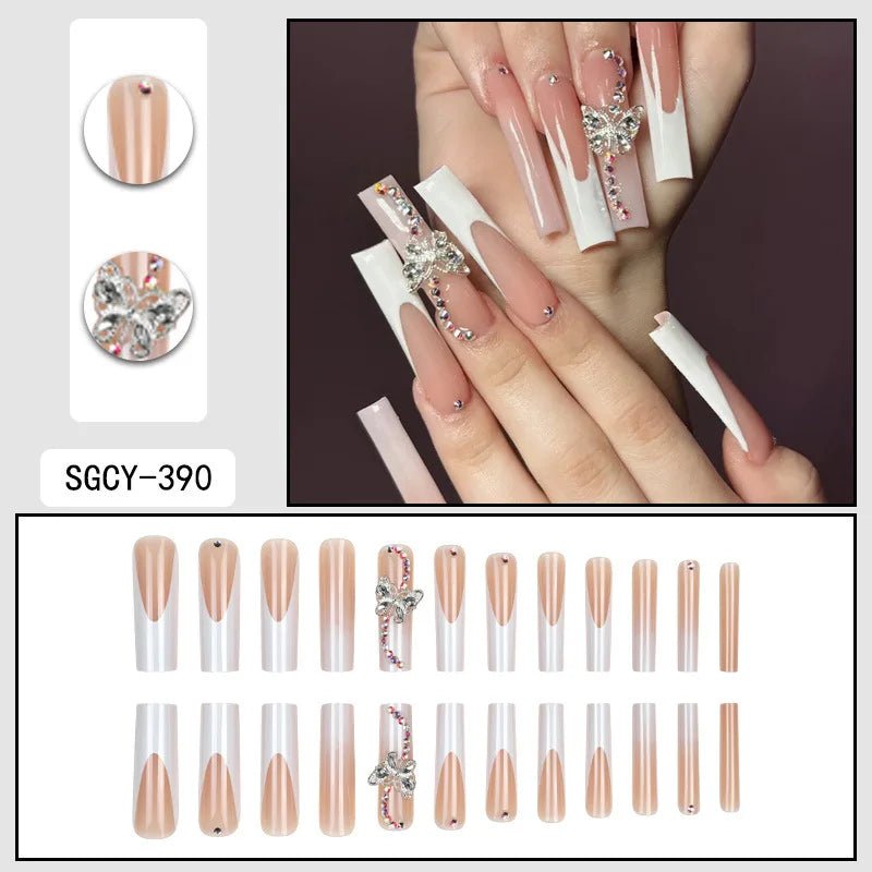 24 Pieces of Ultra Long Coffin Shaped press on nails French&gradient&flower Pattern 3D Butterfly Dot Diamond Glossy Fake Nails - Hands of Hope