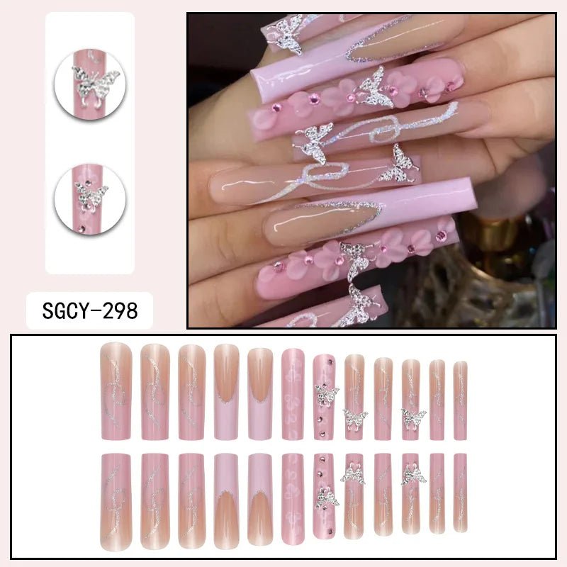 24 Pieces of Ultra Long Coffin Shaped press on nails French&gradient&flower Pattern 3D Butterfly Dot Diamond Glossy Fake Nails - Hands of Hope