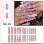 24 Pieces of Ultra Long Coffin Shaped press on nails French&gradient&flower Pattern 3D Butterfly Dot Diamond Glossy Fake Nails - Hands of Hope