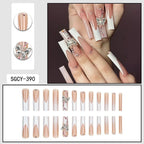 24 Pieces of Ultra Long Coffin Shaped press on nails French&gradient&flower Pattern 3D Butterfly Dot Diamond Glossy Fake Nails - Hands of Hope