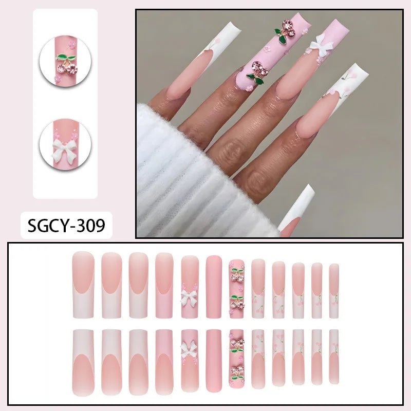 24 Pieces of Ultra Long Coffin Shaped press on nails French&gradient&flower Pattern 3D Butterfly Dot Diamond Glossy Fake Nails - Hands of Hope