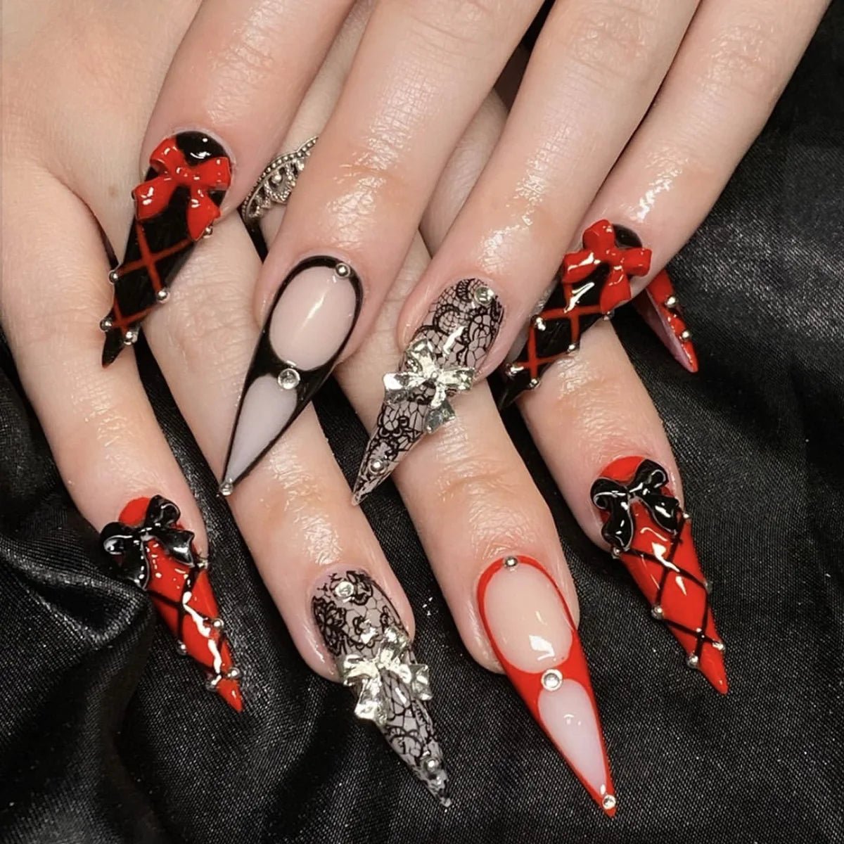 24Pc False Nails with Glue Almond Black Red Gradient Design Detachable Rhinestone Acrylic Fake Nail Long Stiletto Press on Nails - Hands of Hope