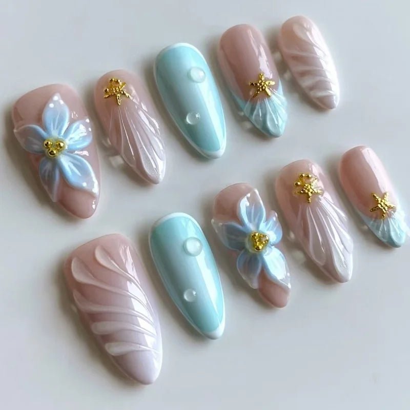24Pcs 3D Green Ripple Design False Nails Cat's Eye French Almond Fake Nail Tips Leaves Pattern Removable Oval Press on Nails - Hands of Hope