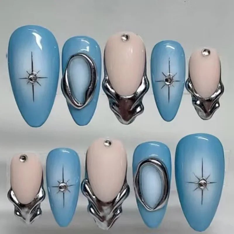 24Pcs 3D Green Ripple Design False Nails Cat's Eye French Almond Fake Nail Tips Leaves Pattern Removable Oval Press on Nails - Hands of Hope