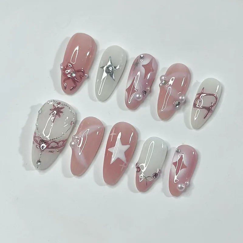 24Pcs 3D Green Ripple Design False Nails Cat's Eye French Almond Fake Nail Tips Leaves Pattern Removable Oval Press on Nails - Hands of Hope
