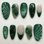 24Pcs 3D Green Ripple Design False Nails Cat's Eye French Almond Fake Nail Tips Leaves Pattern Removable Oval Press on Nails - Hands of Hope